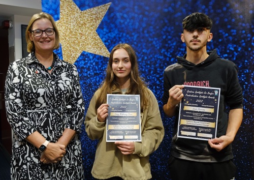 Achieving Positive Change: Cllr Tessa Hodgson, Cabinet Member for Social Services and Safeguarding; Casey McWeeney Brace (Winner) and Lewis Kerrison (Runner Up)