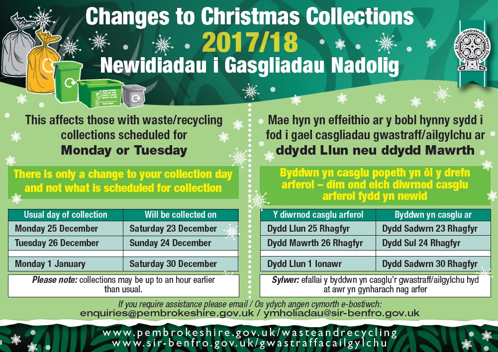 Changes to some bin days over the festive season Pembrokeshire County